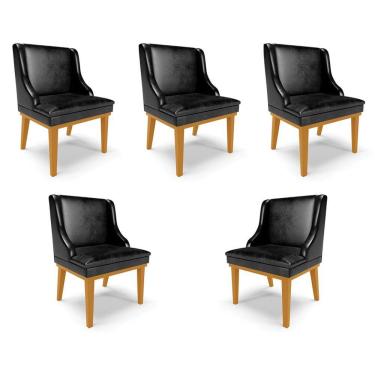 Imagem de Kit 5 Cadeiras Decorativas Sala De Jantar Base Fixa De Madeira Firenze Pu Preto Brilho/castanho G19 - Gran Belo