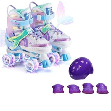 Imagem de Patins Infantil Sereia com 4 Rodas Iluminadas LED, Ajustável, para Crianças com Kit de Proteção (Roxo, M - 32 a 35)