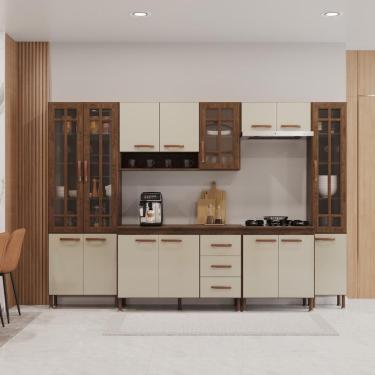 Imagem de Cozinha Modulada Completa Fidelitá Lisboa 6 Peças 295cm 15 Portas 3 Gavetas Com Tampo Noce/off-white