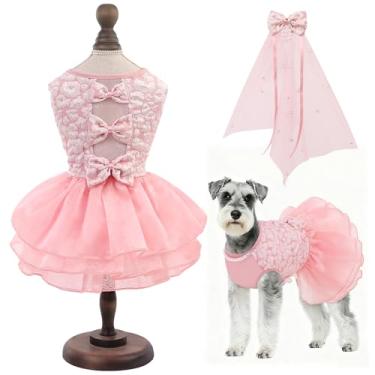 Imagem de ASENKU Vestido para cachorro, vestido de casamento para cães, vestido de princesa de renda para animais de estimação com laços para festa de aniversário de casamento, roupa formal para filhotes com