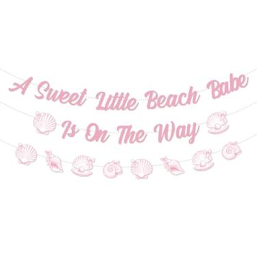 Imagem de Cheereveal Beach Babe Decorações de chá de bebê, faixa A Sweet Little Beach Babe Is On The Way, oceano litorâneo rosa arco e concha tema de gênero revelar suprimentos de festa