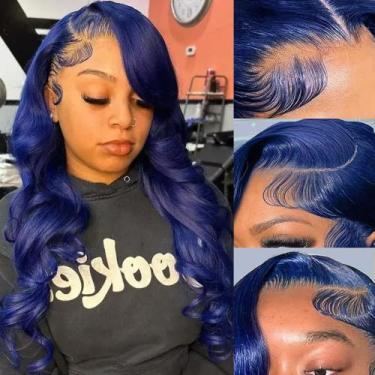 Imagem de Perucas frontais de renda Guebb Body Wave, azul escuro, cabelo humano 