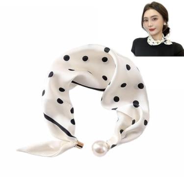 Imagem de MIUPOO Lenço de pérola magnética, lenços de cetim para mulheres, cachecol com estampa clássica, gravata elegante, cachecóis de bandanas de cabelo, 1 peça., Branco, 1 Count (Pack of 1)