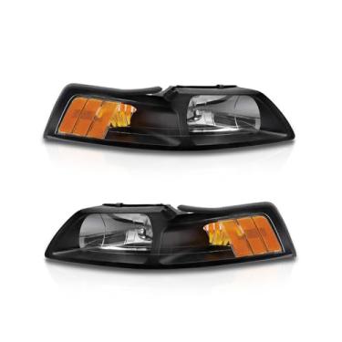 Imagem de Para Ford Mustang V6 / GT/Cobra 1999-2004 farol compatível com Ford 1999-2004 Mustang faróis pretos refletor âmbar lado esquerdo e direito