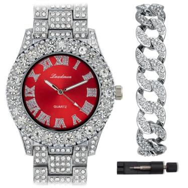 Imagem de ICEDTAG Conjunto de relógio e pulseira com algarismos romanos luxuosos com pedras grandes, mostrador colorido, Ouro branco - conjunto vermelho, Regular, Decoração de festa chá de bebê dia dos