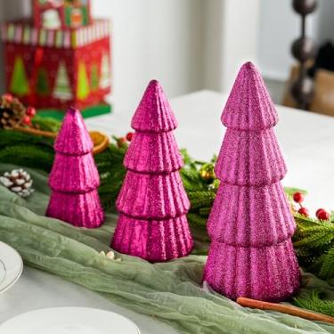 Imagem de Songjum 3 peças de decoração de árvore de Natal artificial de espuma brilhante para mesa de Natal moderna decoração central de mesa para decoração de mesa de casa e festa de férias (vermelho rosa)