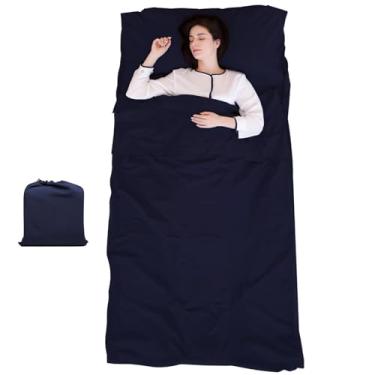 Imagem de Forro de saco de dormir azul marinho GG para adultos, lençol de viagem macio de 114 x 203 cm para acampamento e hotéis, lavável com bolsa de armazenamento, leve e confortável