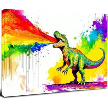 Imagem de 12x16 Graffiti T-Rex Dinossauro Cuspindo Arco-Íris Frie Arte de Parede Colorida Abstrata Pop Impressão em Tela Infantil Decoração de Quarto de Meninos Adolescentes Emoldurado Cartazes Pendurados