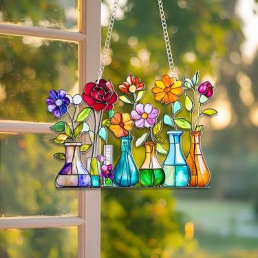 Imagem de Vaso de flores científicas estilo vitral Suncatcher - 15 cm pendurado em acrílico para janela - Vaso de química colorido para casa ou escritório - Ornamento plano 2D presente para amigos e amantes da