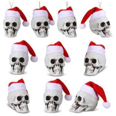 Imagem de Lenwen 24 peças mini cabeças de caveira penduradas, chapéu de Papai Noel, cabeça de esqueleto, enfeite de árvore para decoração de árvore de Natal (Médio)