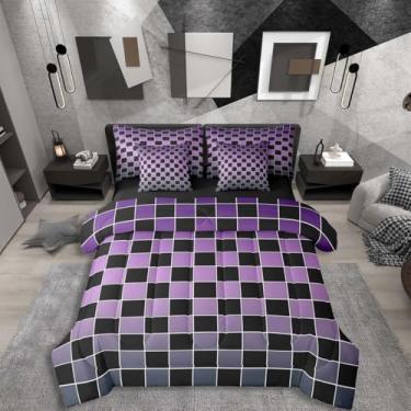 Imagem de Erosebridal Jogo de cama queen quadriculado geométrico, xadrez, cinza, azul e roxo, conjunto de cama com lençol com lençol com estampa estética quadriculada para crianças e adultos, conjunto de cama