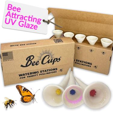Imagem de Bee Cups Pacote com 5, estação de irrigação de abelhas, 100% porcelana feita à mão, alimentador de abelha e borboleta para jardim, alimentadores externos para polinizadores sedentos, sem plástico