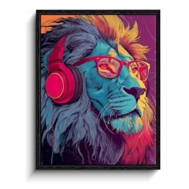 Imagem de Arte de parede de leão de fone de ouvido, retrato de grafite neon, decoração de parede de arte de rua, impressão em tela emoldurada com acabamento fosco, arte de pôster de música, para presente de