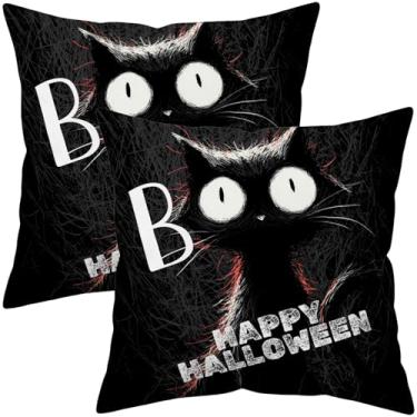 Imagem de Conjunto de 2 capas de travesseiro de Halloween, 45,7 x 45,7 cm, frente e verso, preto Cat Boo, capas de almofada decorativas de linho para sofá, cama, decoração de festa