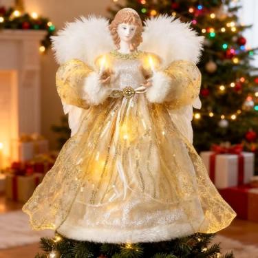Imagem de Topo de árvore de anjo de Natal: enfeite de árvore anjo para decorações de Natal externas e internas - Topper de árvore iluminado elegante e durável com 8 modos de iluminação