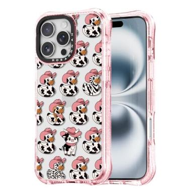 Imagem de Rosarnnah Capa fofa para iPhone 16 Pro Max - Capa de telefone à prova de choque com proteção contra quedas de grau militar de 6 m - Design engraçado de vaca leiteira e pato (17,5 cm) rosa brilhante