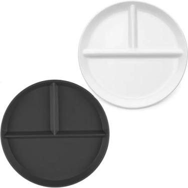 Imagem de ZQtyf Placa de controle de porção inquebrável de 22 cm com divisórias, 2 peças de jantar bariátrico redondo leve reutilizável de plástico para crianças e adultos, seguro para lava-louças e micro-ondas