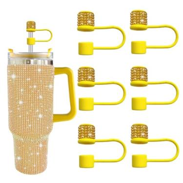 Imagem de JIASHEBDE Conjunto de acessórios para Stanley Cup, 6 peças, capa de canudo de diamante brilhante, tampa de canudos para Stanley 30 e 1,134 g com copos, acessórios de tampa de 1 cm para copo (amarelo