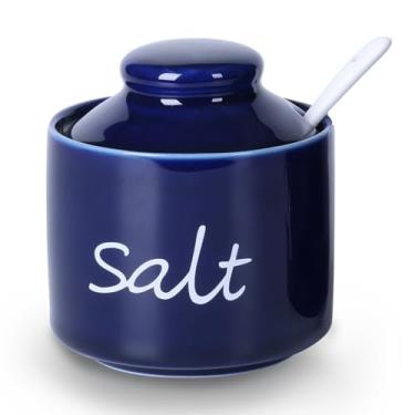Imagem de ONTUBE Tigelas de sal Farmhouse de 227 g com tampa e colher, potes de condimentos de cerâmica, pote de tempero, recipiente de especiarias para cozinha, lavável na lava-louças (azul marinho)