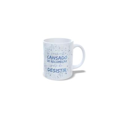 Imagem de Caneca de Cerâmica Branca com Mensagem Motivacional, Decorativa, Geométrica, 325ml, Design com Letras e Estrelas em Azul (z)