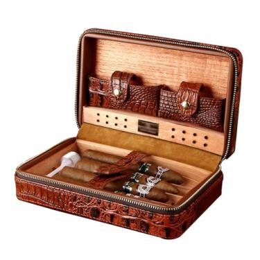 Imagem de HGTRH Estojo de charuto portátil de couro de vaca de viagem com 4 dedos, estojo de umidificador de charuto com zíper bolsa de armazenamento caixa de charutos de viagem