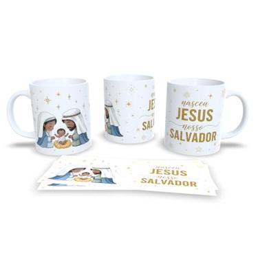 Imagem de Caneca de Cerâmica Branca com Tema Natalino, Design de Presépio, Jesus O Verdadeiro Sentido do Natal, Decoração de Natal com Estrelas Douradas (23185)