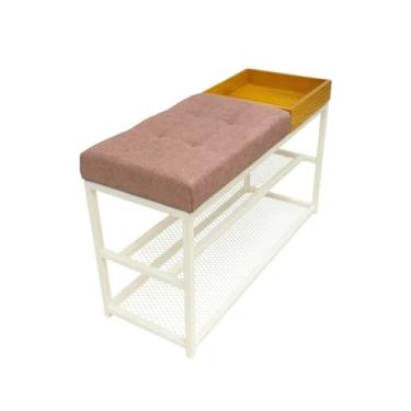Imagem de SAPATEIRA ORGANIZADORA COM TELA 80CM ASSENTO ESTOFADO LUXO CAPITONE COM CAIXA APARADOR(Estrutura Branca/Assento Rosa)