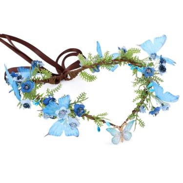 Imagem de MOSTORY Coroa de flor de borboleta azul – tiara floral feita à mão com círculo florestal de primavera para mulheres, meninas, casamento, renascentista, cosplay, festa festival