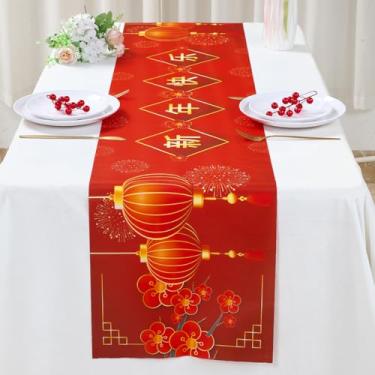 Imagem de Caminho de mesa de ano novo chinês, caminho de mesa vermelho com fogos de artifício de flor de ameixa e padrões de lanterna, festival da primavera lunar da China, decoração de jantar de inverno para