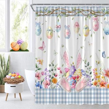 Imagem de AEMBEE Cortina de chuveiro de páscoa coelhinho fofo com xadrez azul floral rústico primavera cortinas decorativas de banheiro com ganchos, 178 cm L x 180 cm A