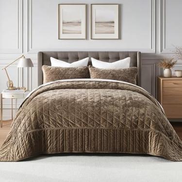 Imagem de Homzard Conjunto de edredom de veludo California King, marrom mocha (299 x 269 cm) com 2 fronhas, conjunto de colcha de retalhos, leve 3 peças