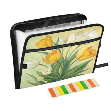 Imagem de Wassud Pasta organizadora de arquivos de papel A4 em forma de acordeão amarelo Tullips com etiquetas, pasta de arquivos expansível, 13 bolsos