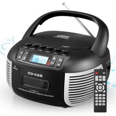 Imagem de DGXWLLW Combo leitor de CD e cassete, leitor de CD Boombox com rádio FM/Bluetooth/AUX/USB/gravação em fita, controle remoto, fone de ouvido, visor LCD, som estéreo duplo, CC 5V 2A/6 C, alimentado por