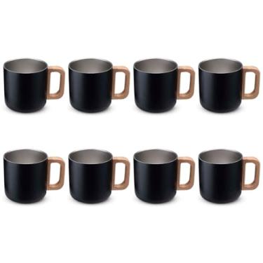 Imagem de Kit Conjunto 8 Canecas Térmicas 400ml Cor Preta com Alça de Bambu – Parede Dupla em Aço Inox, Isolamento Térmico, Design Elegante, Para Bebidas Quentes e Frias