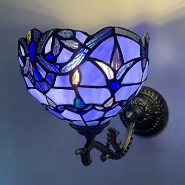 Imagem de Arandela de parede barroca azul estilo Tiffany com vitral, luminária de parede retrô mediterrânea com espelho frontal para quarto, cabeceira, corredor e varanda, soquete E27