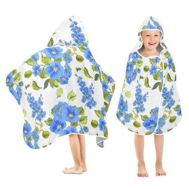 Imagem de Burbuja Toalha de banho com capuz de flores azuis para crianças, toalha de praia de pelúcia macia absorvente para chá de meninas e meninos 3-10 anos, 61 x 127 cm