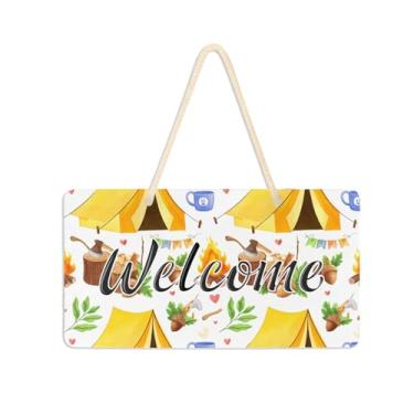 Imagem de Burbuja Placa de boas-vindas para barracas amarelas de acampamento para porta da frente, placa de boas-vindas de PVC para decoração de férias, 15 x 28 cm