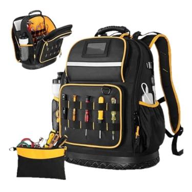 Imagem de Asixxsix Mochila para ferramentas, em tecido Oxford com fundo rígido, resistente e com compartimento para cabo tipo C. Possui diversos bolsos e é ideal para homens e mulheres.