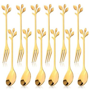 Imagem de 12 peças de aço inoxidável, folha dourada, colher de café e bolo, garfos de frutas, acessório de cozinha, festa de casamento para sobremesa, salada, aperitivo, colher e garfo (6 garfos + 6 colheres