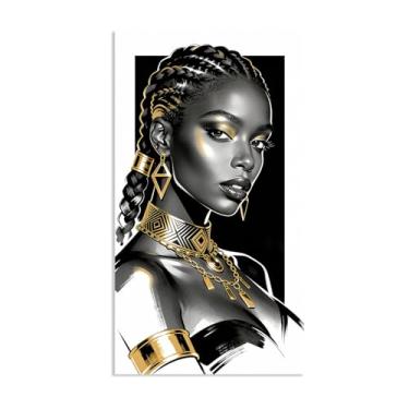 Imagem de Arte de parede em tela feminina preta e dourada imagem de menina negra pintura afro-americana impressões de retrato arte abstrata para sala de estar quarto escritório decoração de parede 40 x 70 cm