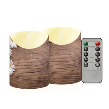 Imagem de Wassud Pacote com 2 velas sem chama de folhas de margarida com controle remoto, velas realistas cintilantes com temporizador, velas decorativas para Natal, casamento, festa, decoração de casa pequena