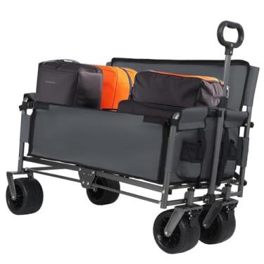 Imagem de Carrinho de carroça dobrável conversível com banco e armazenamento de 226,8 kg, carrinho utilitário resistente, rodas todo-o-terreno com capacidade de 180 L para acampamento, praia. (cinza)