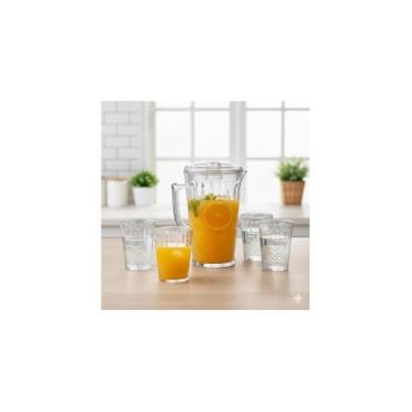 Imagem de Conjunto Jarra 2000ml com Tampa e 4 Copos 270ml, Acrílico Transparente com Textura Cristal, 25cm Altura