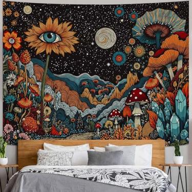 Imagem de Rexful Tapeçaria de sol boêmio para pendurar na parede flores florais retrô coloridas tapeçarias místicas estreladas arte de parede vintage preta estética para sala de estar, quarto, dormitório (azul