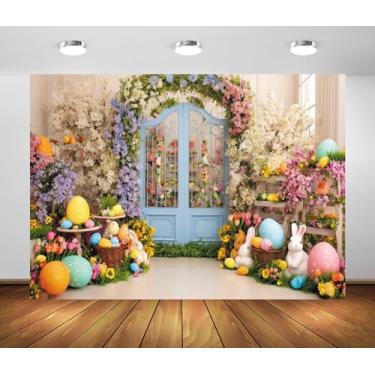Imagem de Pano de fundo de Páscoa, 3 x 2,4 m, coelhos, ovos coloridos, flores coloridas, flores coloridas, azul, fundo de porta de madeira, tema de páscoa, decorações de festa, banner, adereços de estúdio