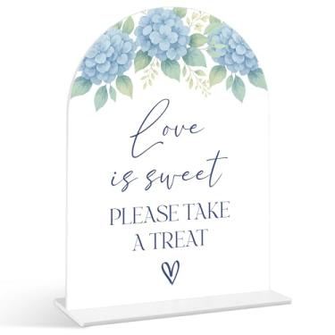 Imagem de Placa Love Is Sweet - Something Blue Before I Do Bridal Shower Sinais, 1 pacote de placa de acrílico com suporte, centro de mesa de chá de panela para mesas, decoração de recepção de casamento de