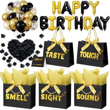 Imagem de Sacos de presente 5 sentidos para ele com etiquetas, 23 x 10 x 18 cm, kit de decorações de feliz aniversário com faixa, balões, pétalas de rosa, cartão para homens, mulheres, casamento, dia dos