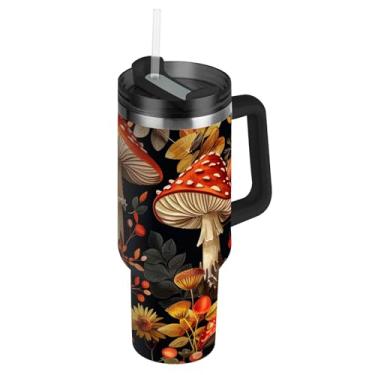 Imagem de Copos com tampa e canudo vintage retrô cogumelos 1,134 g copo com alça garrafa de água rosa isolada copos de café quente de aço inoxidável para carro