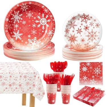 Imagem de 176 peças de pratos e guardanapos de papel de Natal, conjunto de louça descartável, conjunto de louça de floco de neve vermelho e branco suprimentos de festa para Natal, inverno, país das maravilhas