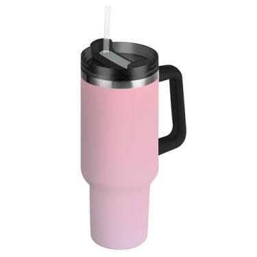 Imagem de Copo rosa lilás gradiente com tampa e canudo garrafa de água isolada de aço inoxidável 1,134 g copo com alça caneca de café quente à prova de derramamento para carro